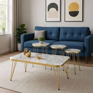 Jungengel Couchtisch Marmor 4-Teilig Beistelltisch Wohnzimmer Tisch Goldgestell Barock (Couchtisch-Set, 4-teilig, 4-St, 4-teiliges Couchtisch-Set), Luxus Couchtisch-Set in Marmoroptik Schwarz/Weiß mit goldenen Akzenten