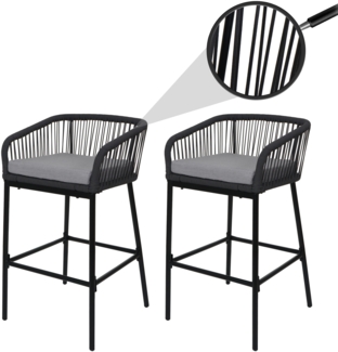 2er-Set Rope-Barhocker HWC-O22, Tresenhocker, Outdoor Sitzpolster Seilgeflecht Metall ~ anthrazit, Kissen hellgrau