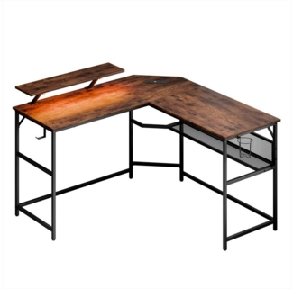 Mondeer Eckschreibtisch L-Shape Eckschreibtisch (130*130cm), RGB-Lichtleiste Steckdose USB-Stromversorgung Monitorständer