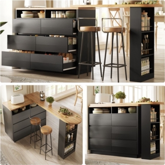 i@home Bartisch Ausziehbarer Sieborad mit Stauraum(137-215×39×102.3cm) (1 Tisch), Teleskopischer Tisch mit 6 Schubladen, Kücheninsel, Schwarz