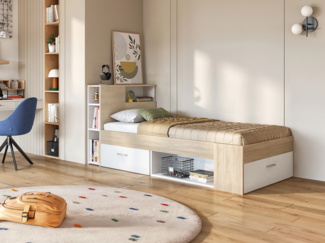 Vente-unique - Bett mit Kopfteil, Stauraum & Schublade + Lattenrost - 90 x 190 cm - Weiß und Holzfarben - LEANDRE