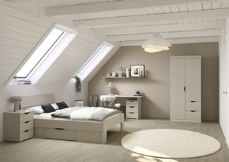 Jugendzimmer Frieda 5-teilig mit 2 türigem Kleiderschrank in Beige von Rauch Möbel, Ein Raum zum Ankommen, Wachsen und Wohlfühlen – in verschiedenene Ausführungen wählbar - 5 teilig , Kleiderschrank 2trg mit Schubkästen + 140er Jugendbett + Nachttisch ...