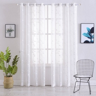 GarveeMore Vorhang Weiße Scheibenvorhänge, Florale Bestickte Faux-Leinen vorhänge, 2er