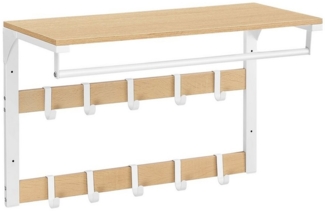 Vasagle Wandgarderobe mit Ablage, 10 abnehmbaren Haken, 2 Garderobenleisten, Holz Eichenfarben-Weiß, 42 x 30 x 65 cm