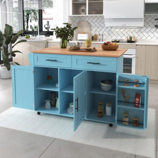 Flieks Küchenwagen mit erweiterbarer Arbeitsplatte (Rollen/Massivholzbeine austauschbar), (1 St, Rollen/Massivholzbeine austauschbar), Kücheninsel mit 3 Schubladen und 2 Türen Küchenschrank Sideboard