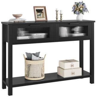 GarveeMore Konsolentisch 2-stufiger aus Holz mit 2 Glasschubladen und Stauraum, Eingangstisch,Sofatisch für Wohnzimmer und Foyer,110 x 30 x 80 cm