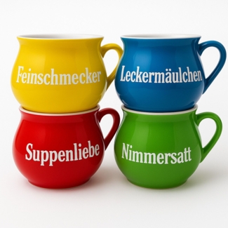 BURI Suppentassen 4er-Set aus Keramik | Bunte Henkel-Schüsseln mit Sprüchen | 400 ml | Spülmaschinenfest & mikrowellengeeignet | Mediterraner Stil