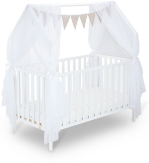 FabiMax Kinderbett Hausbett Schlafmütze 140x70 cm Liegefläche, weiß lackiert, Kiefernholz massiv, Gitterbett, Umbaubar zum Juniorbett