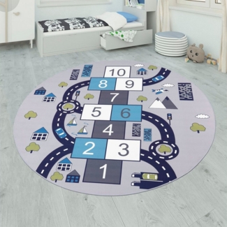 Paco Home Kinderteppich Bino 565, rund, Höhe: 4 mm, Kurzflor, Straßen-Spiel-Teppich & Spielmotiv Hüpfkästchen