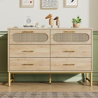 Merax Rattan kommode Sideboard mit 6 Schubladen, komodenschrank, Schminktisch, für Wohnzimmer und Schlafzimmer, Metallgriffe, Kippschutz, 120 x 40 x 74 cm, Sonoma Eiche