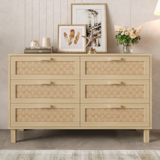 Ulife Sideboard Kommode, Anrichte, Wohnzimmerschrank aus Naturholz mit 6 Schubladen (1 St), Schlafzimmerschrank mit viel Stauraum, Schubladen in Rattanoptik