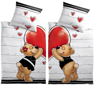 Leonado Vicenti Bettwäsche Romantische Partnerbettwäsche 135x200 cm, Microfaser, 4 teilig, Bärenpaar mit Herzen, Liebe, neutrale Farben