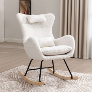STILVORA Schaukelstuhl Schaukelsessel wohnzimmer Relaxsessel mit Kopfstütze & Taschen,weiß (Schaukelstuhl mit hoher Rückenlehne), Kopfstütze und Lendenkissen Teddyplüsch