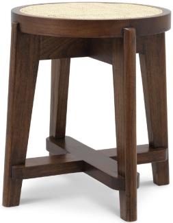 Casa Padrino Luxus Hocker Braun / Naturfarben Ø 44,5 x H. 47 cm - Runder Massivholz Sitzhocker mit Rattangeflecht - Wohnzimmer Möbel