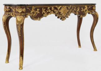 Casa Padrino Luxus Barock Konsole Dunkelbraun / Gold / Schwarz 155 x 45 x H. 80 cm - Mahagoni Konsolentisch mit edlen Verzierungen und Marmorplatte - Möbel im Barockstil