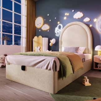 Polsterbett 90x200 cm Beige Kunstleder mit Stauraum, hydraulischem Lattenrost, Halbkreis-Kopfteil, modernes Jugendbett