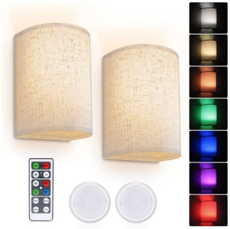 Sunicol LED Wandleuchte 2er Set Dimmbar Wiederaufladbar Magnetische kabellose Wandleuchte, 16 Farben, Stoffschirm mit Fernbedienung für Schlafzimmer, Wohnzimmer