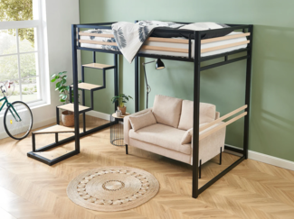 Vente-unique - Hochbett - 140 x 200 cm - Metall & MDF - Naturfarben & Schwarz - JOGUI