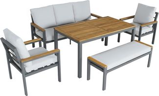 KONIFERA Garten-Essgruppe Salamanca, (Set, 14-tlg, 3erBank, 2x Sessel,1x Bank,1x Tisch,4x Sitzauflagen,5x Rückenauflagen), bestehend aus 2 Sesseln, 1 Tisch, 1 Bank, 1 Sofa und Auflagekissen