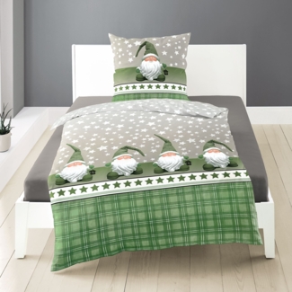 Bierbaum Biber Bettwäsche 135x200 Wichtel Karo Sterne grün grau beige 6915-30