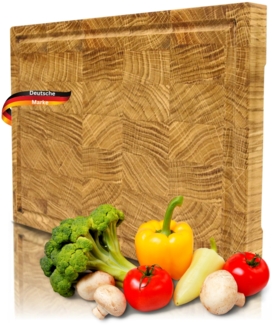 DELUKE® Schneidebrett Holz klein MILA [KLINGENSCHONEND] - 28x20x2,5cm, Stirnholz Eiche, inkl. Saftrille | Holzbrett Küchenbrett