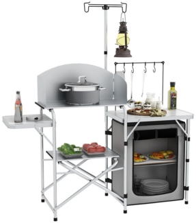 Outsunny Schrankeinsatz mit UV-Schutz, Windschutz, Schränkfach, 3 Arbeitsplatten, Lichtständer (Outdoor Küche, 1 St, Campingküche), für Camping, Garten, Silber