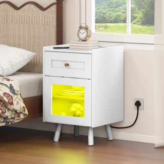 DWVO Moderner Nachttisch mit LED-Leuchten & Ladestation, Beistelltisch mit Schublade und verstellbarem Regal, weißer Aufbewahrungstisch für Schlafzimmer, Wohnzimmer, Büro