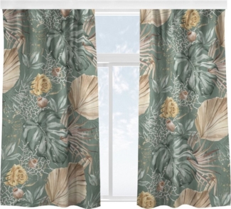 Bilderdepot24 Vorhang Gardine Aquarell Blumen Modern Blätter Rosen Grün Türvorhang (2 St), Multifunktionsband, blickdicht, Samt, Schiebegardinen Küche Schlafzimmer Wohnzimmer Schiebevorhang