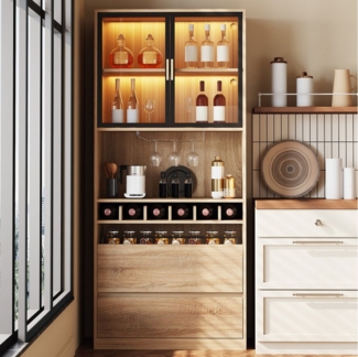 HAUSS SPOLE Highboard Weinschrank 180cm Vitrinenschrank Getränkeschrank mit Glastüren & LED (Vitrinenschrank, Badezimmerschrank, 1 St, einfache Montage), mit LED-Beleuchtung, modernes Design für Badezimmer und Wohnräume