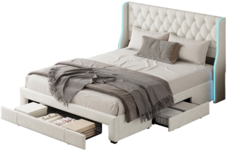 FUROKOY Polsterbett Doppelbett Stauraumbett mit LED-Beleuchtung und 3 Schubladen Beige, 140x200 cm,Gepolstert,Gute Atmungsaktivita,Schubladen mit Rädern