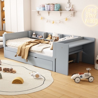 TavilaEcon Stapelbett Multifunktionales Kinderbett mit Schreibtisch & Ausziehbett, 3 seitliche Regale, 90x200 cm (ausziehbar auf 180cm)