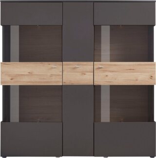 Highboard Vitrine COMO 3-trg. Optik: Grau / Planked Eiche von Forte