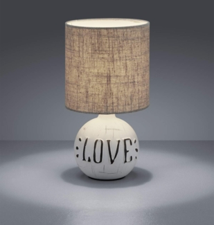 LED Tischleuchte Keramik-Sockel Schriftzug LOVE Stoffschirm Braun, Höhe 31cm