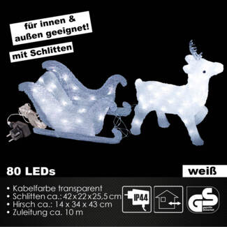 LED Weihnachtsfigur Rentier mit Schlitten Figur beleuchtet Weihnachtsdeko 80LEDs