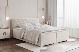 MEBLINI Boxspringbett JOHN 160x200 cm mit Bettkasten – H3B/Creme Samt Polsterbett - Doppelbett mit Topper & Bonellfederkern-Matratze