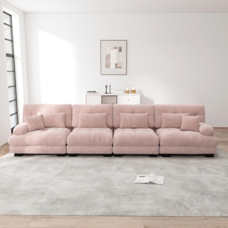 Ecksofa, 4-Sitzer modulares Ecksofa mit Tiefensitz Chenille Schlafsofa komfortabel gepolstert für Wohnzimmer Apartment Studio Büro, Chenille, Rosa