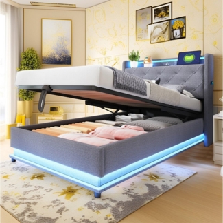 MODFU Polsterbett mit LED-Farbwechsel (Stauraumbett mit USB & Type-C-Anschluss, hydraulischem Stauraum & aufklappbarem Kopfteil, Kinderbett aus Leinenstoff 90x200 cm), ohne Matratze