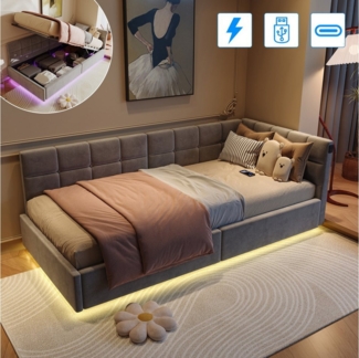 PXloue Polsterbett Schlafsofa Daybett (hydraulischem Stauraum), LED-Beleuchtung Einzelbett 90x200 cm mit Ladefunktion