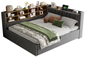 MODFU Schlafsofa Mit Hydraulischem Stauraum, Nachtlicht, USB & Typ-C Ladeanschlüssen, Samt,Polsterbett mit Ablagen und Staufächern, Multifunktionales Kinderbett 140x200 cm, ohne Matratze