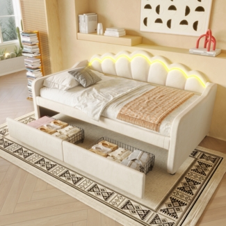 Tagesbett mit Schubladen & LED-Lichtleiste mit Fernbedienung, gewelltem Kopfteil, Stauraumfunktion und Farbwechsel-Licht, Beige