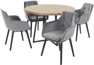 loft24 Essgruppe Cliff, (Set, 5-tlg), runder Esstisch, 4 Esszimmerstühle, Polsterstuhl, Metallgestell