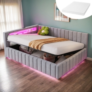 REDOM Polsterbett Schlafsofa Kinderbett Funktionsbett (mit hydraulischem Stauraum, LED-Beleuchtung & USB-Anschluss – Gepolstertes, 140x200 cm), mit Matratze