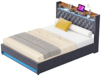 OKWISH Polsterbett Funktionsbett Stauraumbett (Luxuriöses Polsterbett Dunkelgrau aus hochwertigem holländischen Samt – hochelastischer Schaumstoff für optimalen Schlafkomfort, 160*200), Mit LED-Lichtleiste und USB-Aufladung