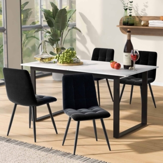 Essgruppe 5-tlg, ausziehbarer Tisch 140-180x80 cm weiß/schwarz, 4 Samtstühle schwarz