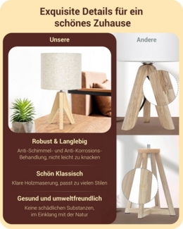 EDISHINE Nachttischlampe aus Holz mit Stoffschirm dreibeinig, LED wechselbar, Warmweiß, Lampenschirm aus Leinen mit Leuchtmittel