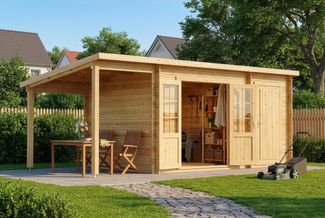 Alpholz Pultdach Gartenhaus Maria mit Anbau & Schleppdach Gartenhaus aus Holz Holzhaus mit 40 mm Wandstärke inklusive Schleppdach Blockbohlenhaus mit Montagematerial