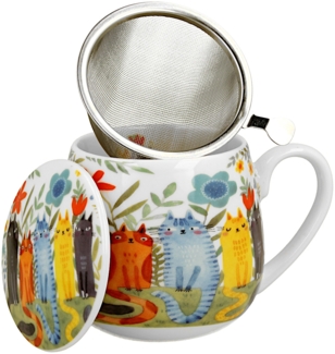 DUO ART GALLERY Fassbecher 430 ml CAT'S WORLD – GARDEN FELINES mit Teesieb, New Bone China Porzellan