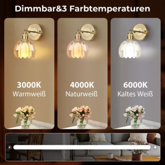 Jibenhome Wandleuchte Vintage Led Wandleuchte,Gold Wandlampe mit Fernbedienung Dimmbar, mit Schalter E26/27,Wiederaufladbar/Batteriebetrieben,für Schlafzimmer