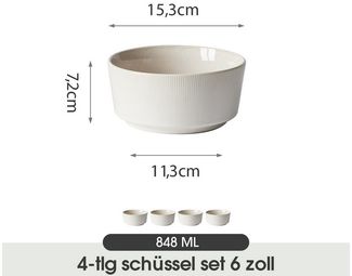 JIWOO Salatschüssel 4er Ø15,3cm, Müslischüssel Suppenschüssel Suppenschale Dessertschale, Keramik, (Set, 4-tlg), Schüssel Hochwertiges Schüsseln Weiß Mikrowellen spülmaschinenfest