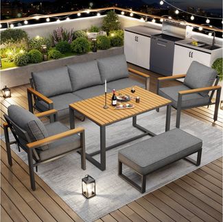 Flieks Gartenlounge-Set, 7-Sitzer Gartenmöbel-Set Sitzgruppe Metall mit Kunstholz Tischplatte